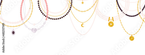 Decorative luxury necklaces banner. Jewelry store poster template, gold and silver chains. Pearls and gems, jewelries vector background
