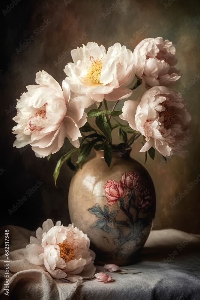 Bouquet of peonies in ceramic vase on dark background, still life, watercolor painting Bouquet of peonies in ceramic vase on dark background, still life, watercolor painting