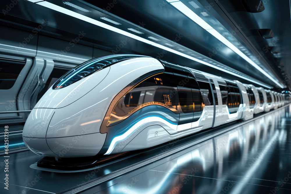 Futuristic bullet train or hyperloop ultrasonic train capsule with full self driving system activated in the city