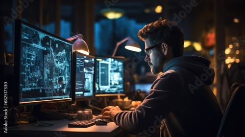 Software engineer coding at a computer workstation.