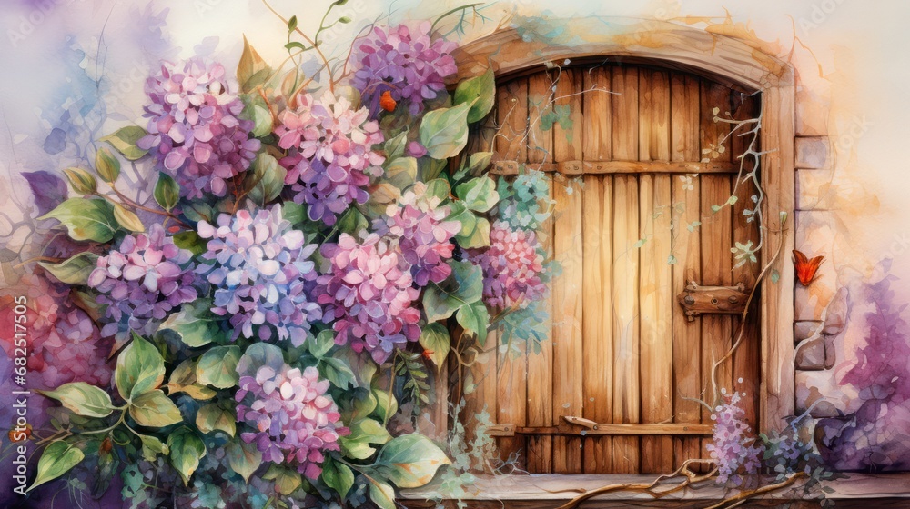  a painting of a wooden door with a bunch of purple flowers on the outside of the door and a vine on the outside of the door and a vine on the outside of the door.