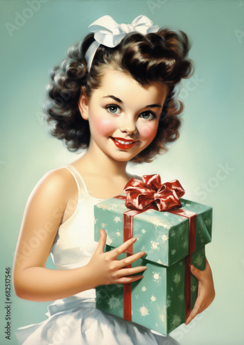 Retro 1960's postcard of little girl with dark hairt holding gift box with red ribbon on neutral background