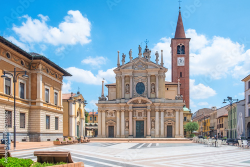 Historic center of Italian city. Busto Arsizio town, piazza San Giovanni with Basilica San Giovanni Battista in province of Varese, Lombardy, Italy. Travel destination photo