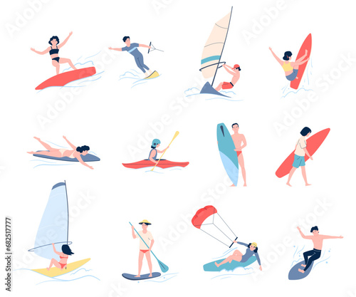 Water sports characters. Sea or ocean extreme sport, surfing, wakeboarding, windsurfing and kayaking. People recreation on beach, recent vector set