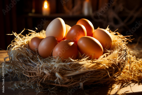 nest with chicken eggs in a sunny barn covered with straw, realistic advertising photo --ar 3:2 --stylize 750 --v 5.2 Job ID: 2f2b35a2-739f-47a2-964f-a5678da6e906