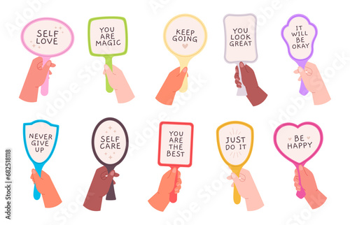 Mirror of support in people hands. Motivation, self love and inspiration. Mirrors reflection acceptance phrases. Motivational quotes racy vector set