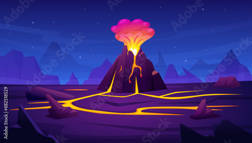 Volcano eruption at night. Surreal natural landscape with cracked earth and mountain with fire, magma and lava. Volcanic disaster, nowaday vector illustration