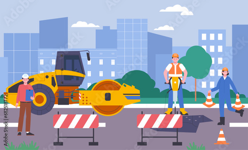 Road repair scene. New asphalt paving, repairing sidewalks and street. Professional workers team in uniform, construction splendid vector scene © LadadikArt