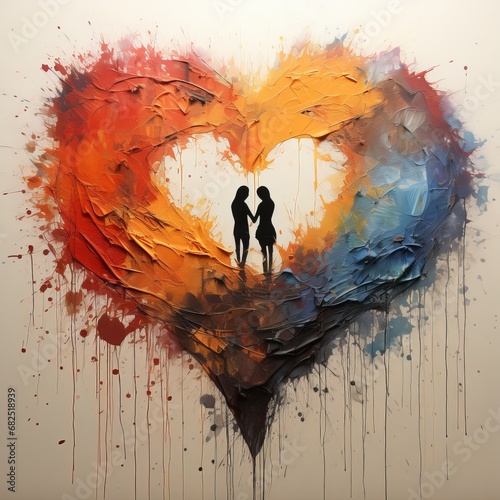 Abstract love in the shape of a heart  strokes of warm fiery colors on a contrasting blue-gray background. Concept  passion and emotion through bright splashes and rich textures and creativity  romanc