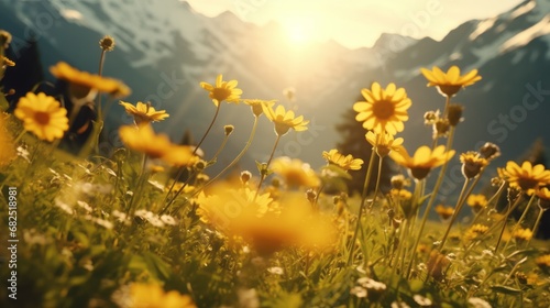 Yellow flowers in front of majestic mountains © BraveSpirit