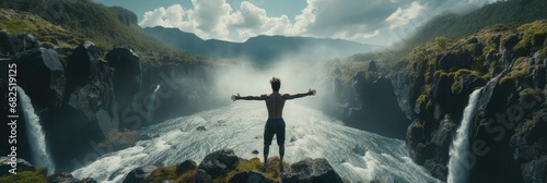 Man jumps from a waterfall, Travel concept.