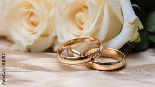  a couple of wedding rings sitting on top of a table next to a bouquet of flowers on top of a bed of white and cream colored sheets with roses in the background.