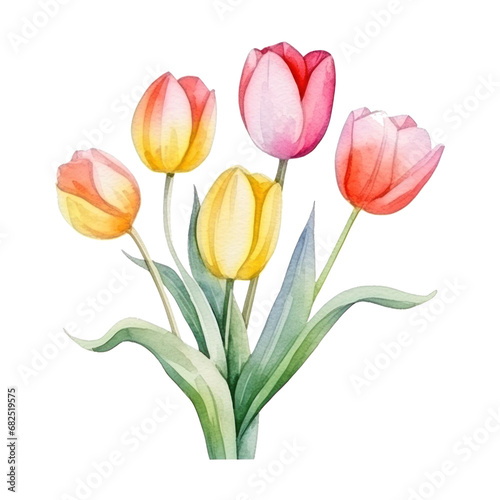watercolor cartoon tulip flowers bouquet isolated
