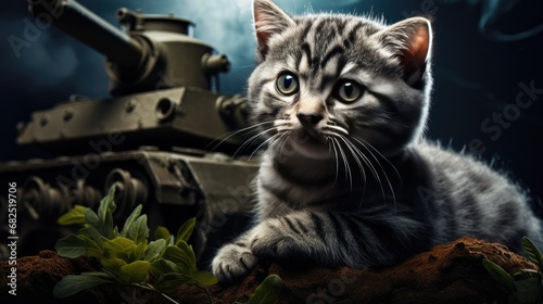 a gray kitten dressed in a tank top and military attire, a dynamic pose that exudes energy and intensity, complemented by dramatic lighting to enhance the overall impact.