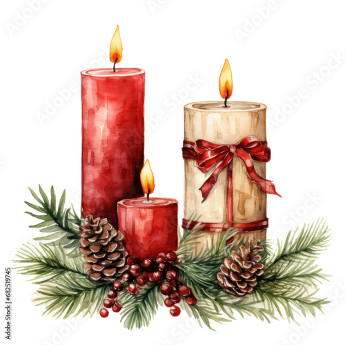 Watercolor illustrations of various Christmas candles. isolated