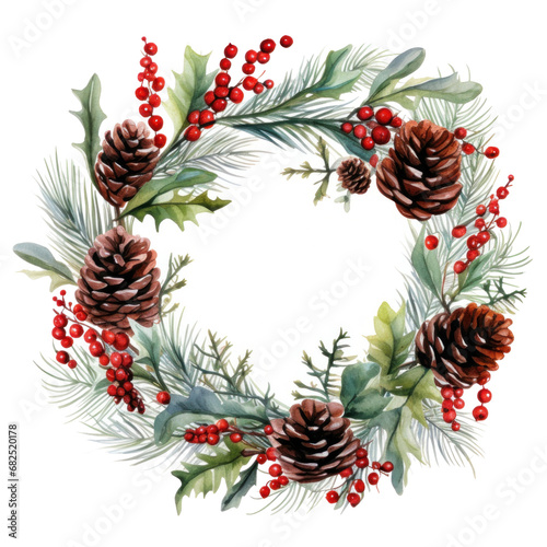 A watercolor wreath with pinecones  holly  and berries. solated
