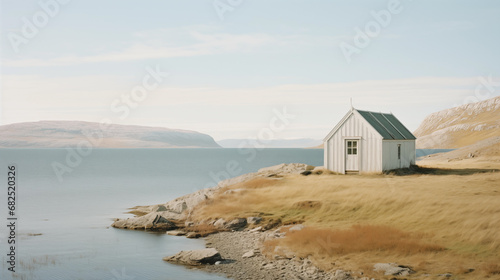 Rorbu house. Fishing hut in beautiful nature landscape. Northern Fjord. Amazing scenic outdoors view. Ocean and mountains. Dramatic clouds. Travel and adventure lifestyle. Explore North. Generated AI