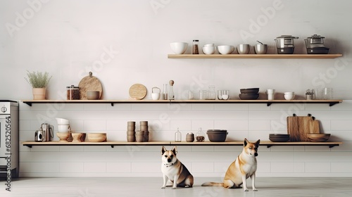 a dog exploring a modern minimalist kitchen, showcasing shelves neatly organized with boxes of delicious dog snacks in the background.