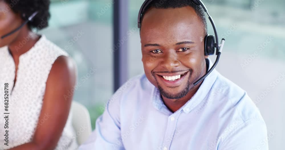 Call center, woman and man with face, smile and working together with mic, headphone and computer in team. Black business, customer service and technical support in portrait for consulting in office