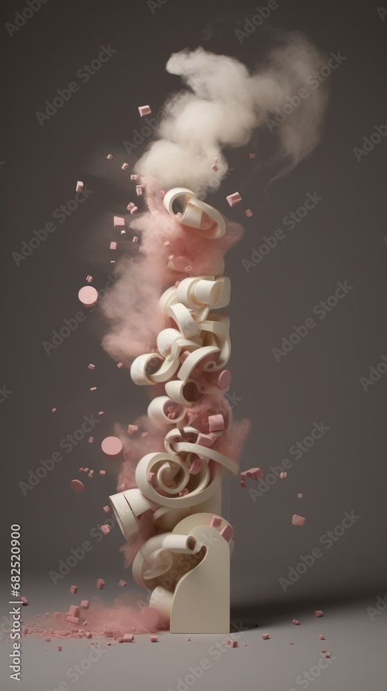 Obraz premium a stack of letters with smoke coming out of them on top of a gray surface with pink and white confetti falling out of the top of the letters.