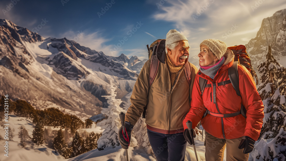 Mature couple hiking through snowy mountains, two people looking at each other. Valentines day in mountains.


