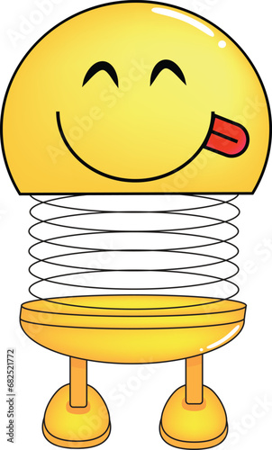 Vector illustration of spiral emoticon with body and legs. Cartoon spiral Emoji mockingly sticking out tongue. Cute emoticon, child icon.