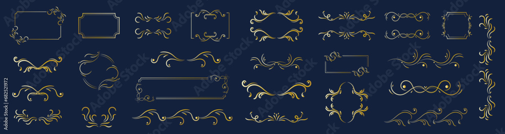 Collection set of golden calligraphic label ornament. Elegant luxury royal borders and frames on a blue background. Vector stock illustration.