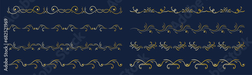 Collection set of golden calligraphic label ornament. Elegant luxury royal borders and frames on a blue background. Vector stock illustration.