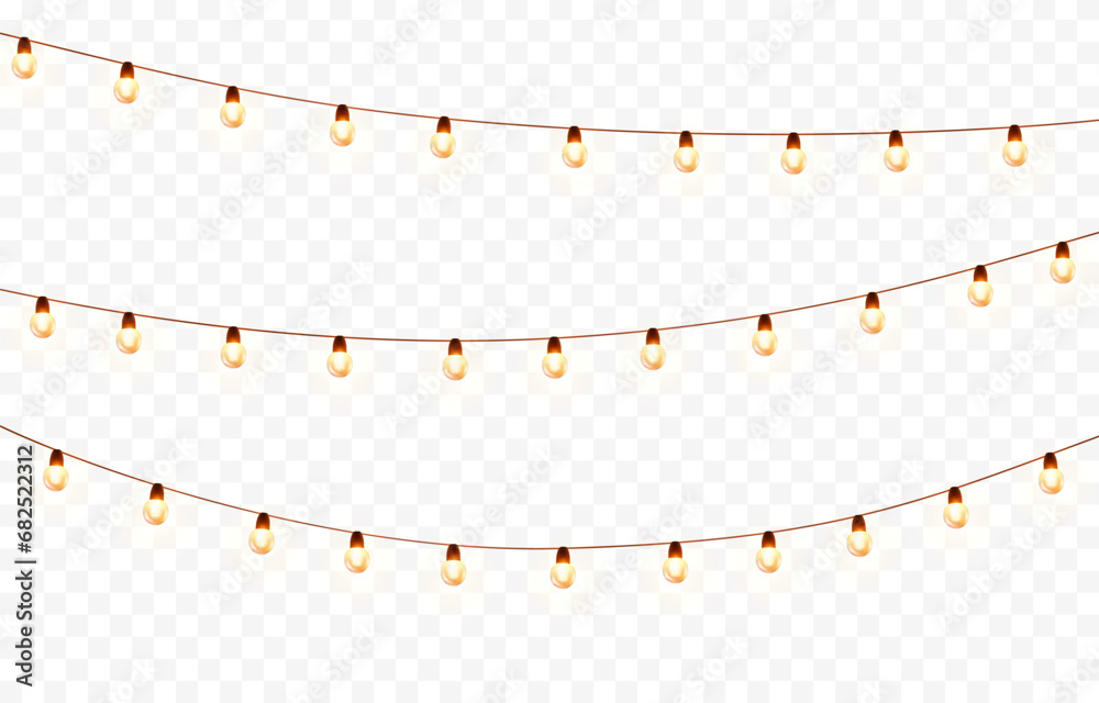 Lights bulbs isolated on transparent background. Glowing fairy Christmas garland strings. Vector New Year party led lamps decorations - obrazy, fototapety, plakaty 