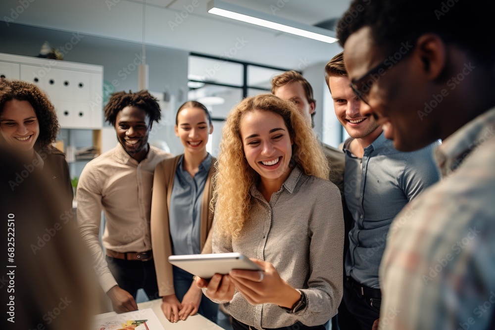 A meeting of young people and men in the office. The concept of business and cooperation. A woman smiles and holds a tablet next to colleagues and young employees. A meeting of young people and men in the office. The concept of business and cooperation. A woman smiles and holds a tablet next to colleagues and young employees.