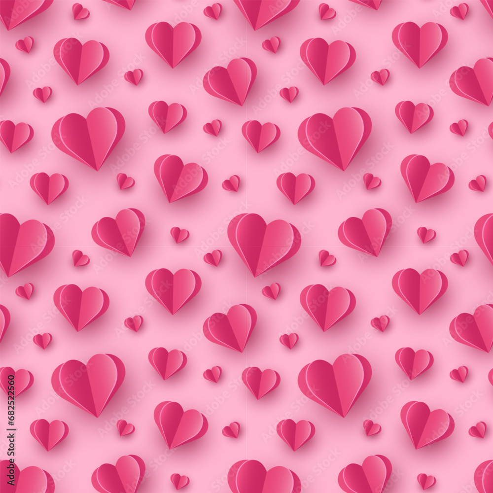 Floating hearts on pink background. Seamless pattern with paper cut decorations. Design for Valentine’s Day. Vector illustration