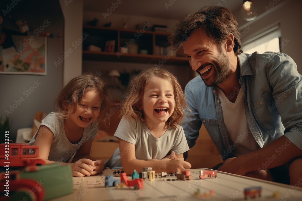 Fototapeta premium Dad and kids play board games together at home to develop the mind. Happy people relax at home together. The concept of coziness and comfort.