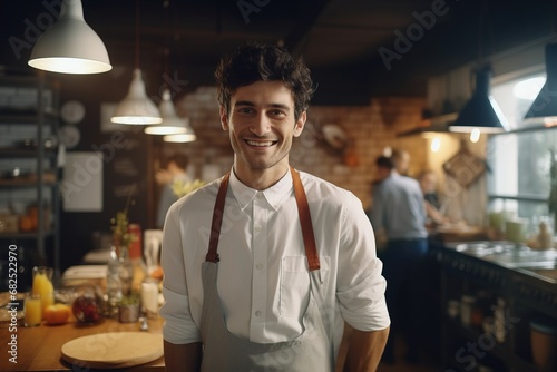 A male waiter works in a restaurant, looks at the camera and smiles in an apron. An employee in a cafe cook is standing in the kitchen.