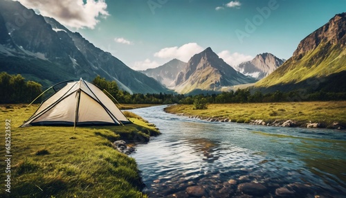 Awesome mountain landscape: small river leads to steep mountains. tent on the shore. travel and nature concept. ai generated. 
