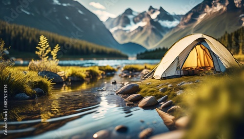 Amazing mountain landscape: Tent on the shore. small river meanders through green valley. sunny day perfect for hiking and exploring nature. travel and concept. blurred foreground. ai generated. 