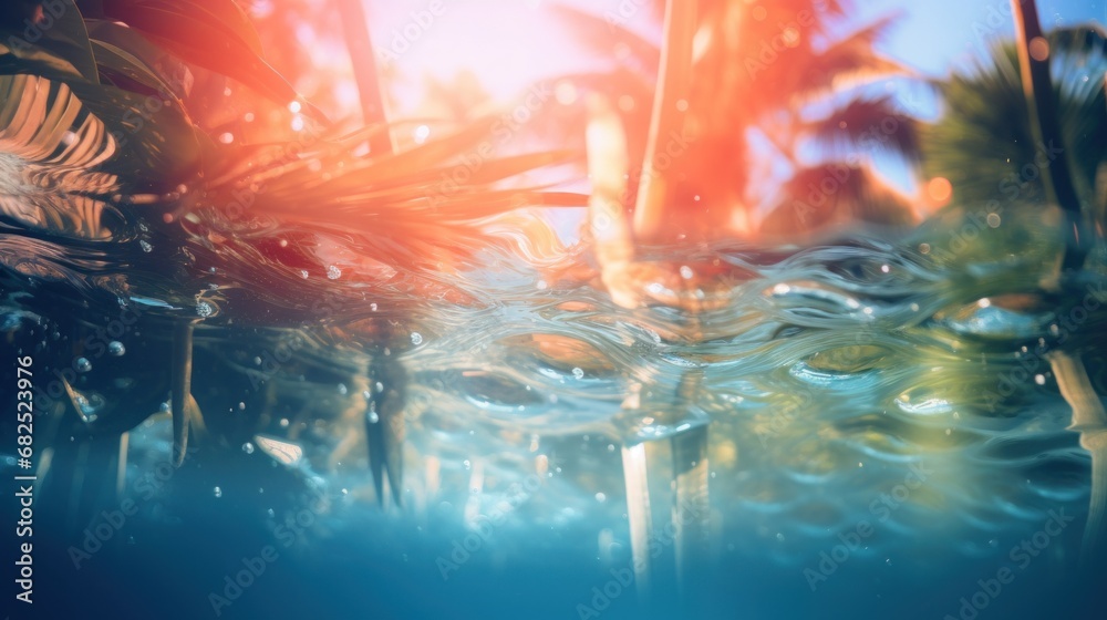 Fototapeta premium Tropical background with water and palm trees, AI