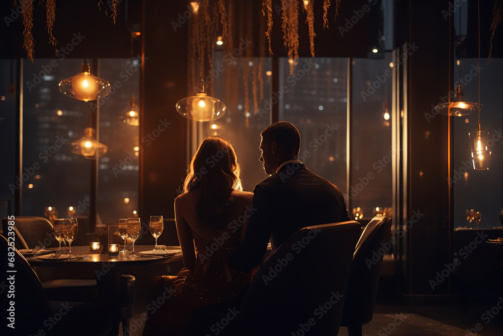 A wealthy couple at the restaurant seen from behind