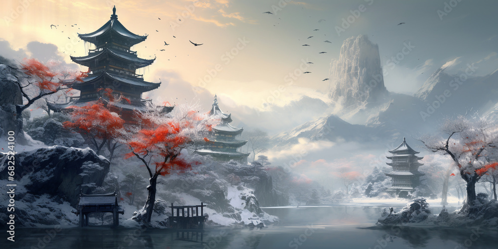Beautiful winter landscape with an old pagoda in Asian style. ai generative