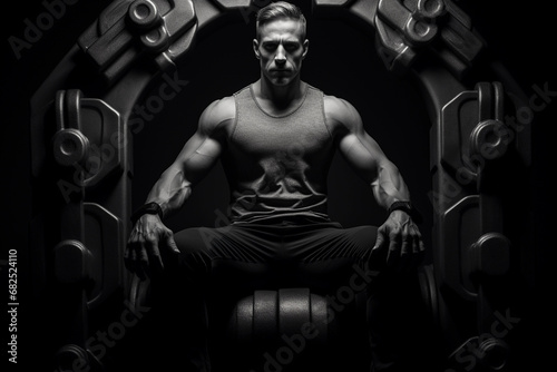 Sculptural studio portrait of a fitness model, dramatic top-down lighting emphasizing muscle definition © Marco Attano