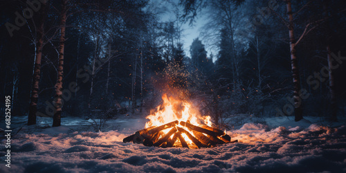 bonfire in the middle of a winter night forest. ai generative photo