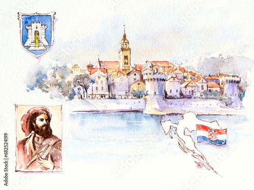 Historic town of Korcula panoramic view with a portrait of Marco Polo, the city's coat of arms, the flag and a map of Croatia. Illustration created with watercolors. photo