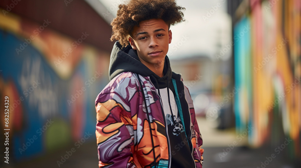 Urban street style, person leaning against graffiti wall, confident gaze, vibrant casual wear Urban street style, person leaning against graffiti wall, confident gaze, vibrant casual wear