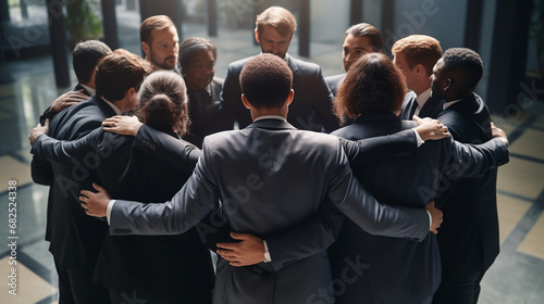 a team of office workers in suits hugging each other. teamwork. ai generative