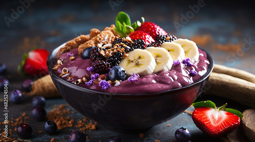 Acai bowl with granola, chia seeds, banana and wild berries for a healthy and satisfying treat. This breakfast creates an appetizing appearance, filling you with vitamins and energy.