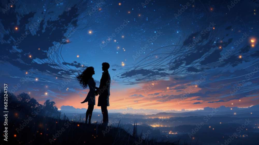 In the twilight hour, a couple dances, their love as boundless as the swirling night sky above them. - obrazy, fototapety, plakaty 
