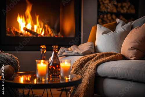 Scandinavian-style fireplace setting, where a crackling fire, natural materials, and a cozy ambiance create an inviting haven for relaxation and connection.