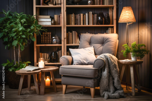 Reading nook with a plush armchair, a stylish floor lamp, and a well-stocked bookshelf with neatly arranged books, creating an atmosphere of tranquility and literary inspiration.