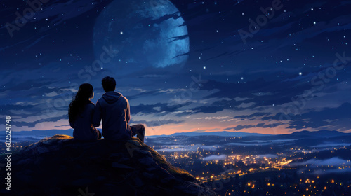 A couple embraces under a grand moon  perched atop a hill with a sprawling cityscape below  a testament to timeless love.