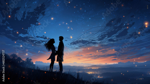 In the twilight hour, a couple dances, their love as boundless as the swirling night sky above them.
