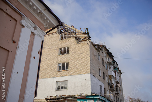Izyum, Ukraine - November 10, 2023, a rocket flew to the edge of the building and completely destroyed the floors